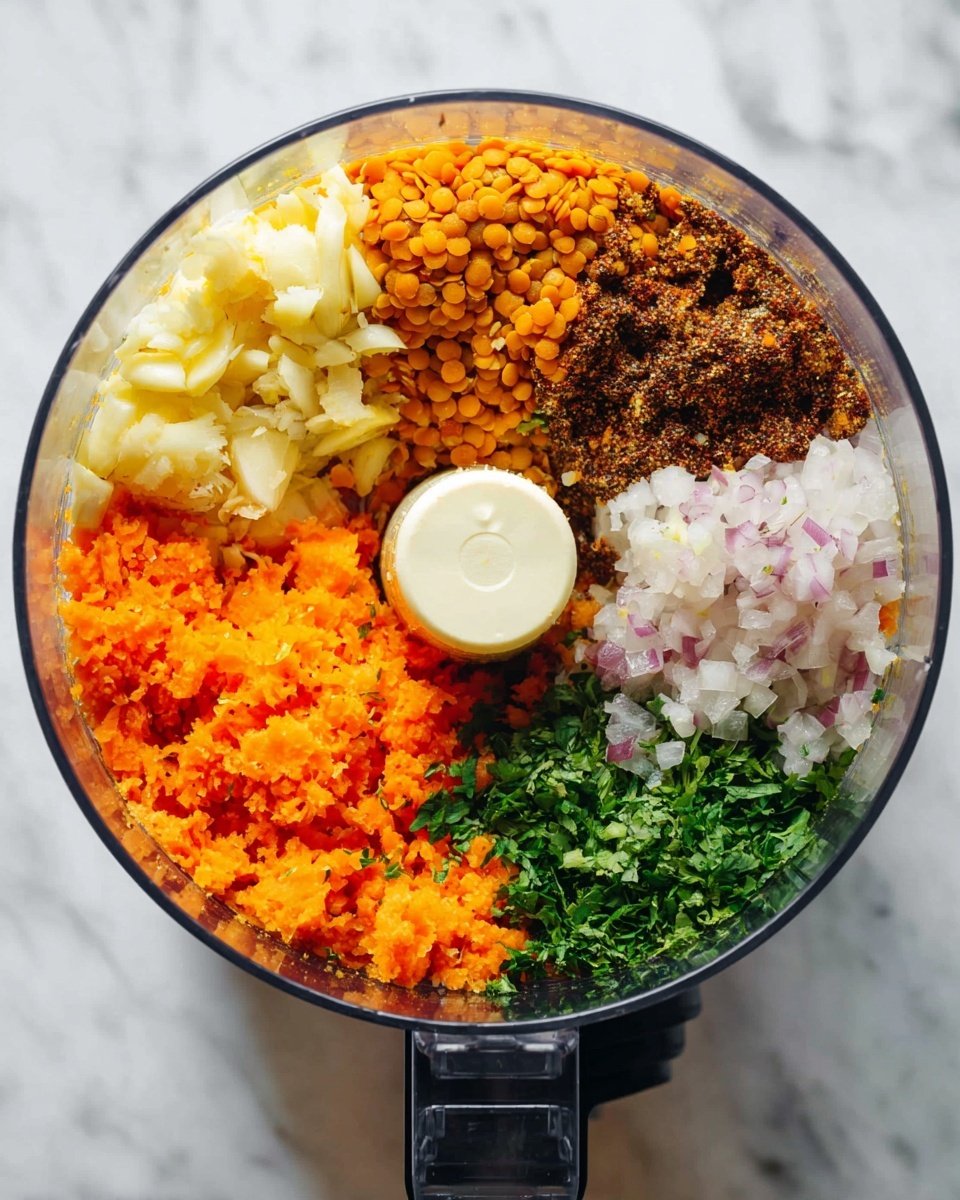 A top view of a clear food processor bowl showing six distinct layers of chopped ingredients inside. Starting from the left, there is a pale yellow layer of chopped garlic, next to it is a bright orange layer of cooked lentils, followed by a dark brown layer of spices, then a medium orange layer of grated carrots below. On the right side, there is a large chunk of finely chopped white onion occupying a big portion, and below it, a section of fresh chopped green herbs. The bowl sits on a white marbled surface. photo taken with an iphone --ar 4:5 --v 7