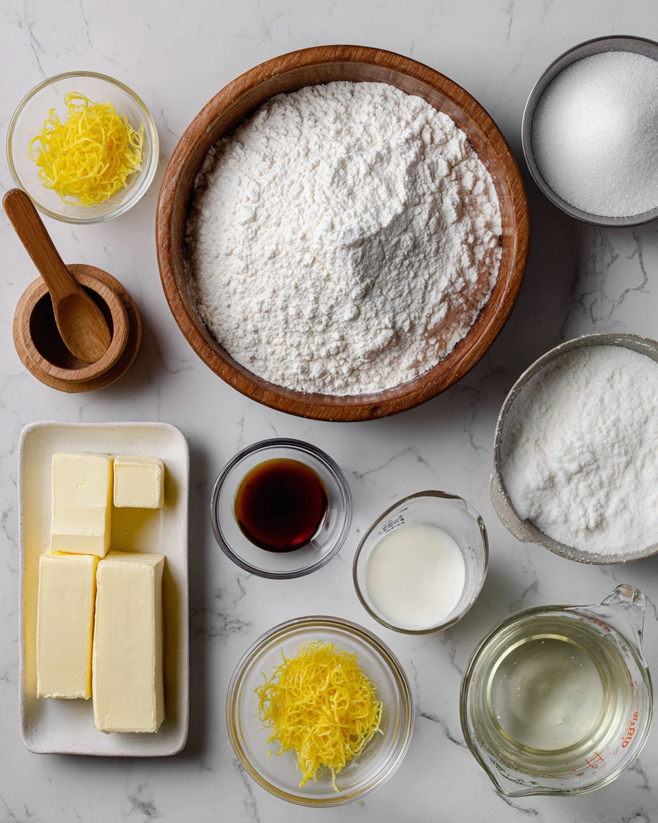 The image shows a top-down view of multiple small bowls and dishes with baking ingredients arranged on a white marbled surface. In the middle, there is a wooden bowl filled with a heap of white flour. To its top right, a metal bowl contains white granulated sugar. Beside it, a clear measuring cup holds a pale liquid, likely milk. Below the sugar bowl, a small clear glass holds a dark brown liquid, possibly vanilla extract, and next to it is a wooden container with a wooden spoon resting in white granulated salt. On the left side, a small rectangular white dish holds two cubes of pale butter, while nearby a small glass bowl contains bright yellow lemon zest. Above the lemon zest, a smaller clear bowl holds a small amount of white powder, possibly baking soda or baking powder. An additional glass measuring cup with a pale yellow liquid, possibly oil, is partially visible at the bottom. The overall look is clean and organized, with natural lighting highlighting the textures of each ingredient, photo taken with an iphone --ar 4:5 --v 7