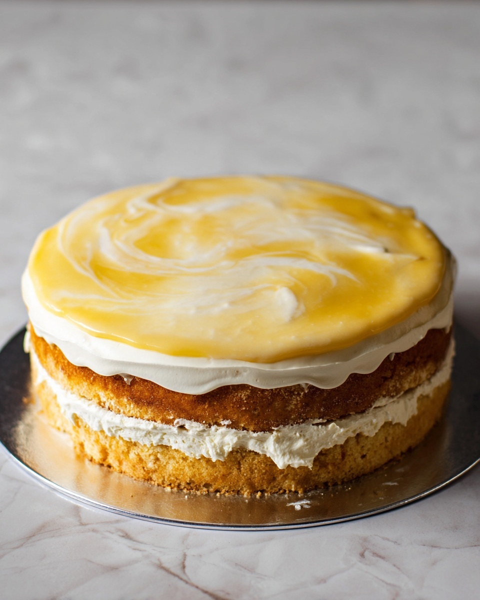 The image shows a two-layered cake on a silver cake stand placed on a white marbled surface. The bottom layer is golden brown with a rough texture, topped with a smooth white cream layer. The second layer looks similar in color and texture, also covered with a thick layer of white cream that slightly spills over the edges. The topmost layer has a thin, smooth yellow glaze with white streaks mixed in, giving it a soft swirl effect. The cake looks fresh and lightly frosted with an imperfect, natural finish photo taken with an iphone --ar 4:5 --v 7