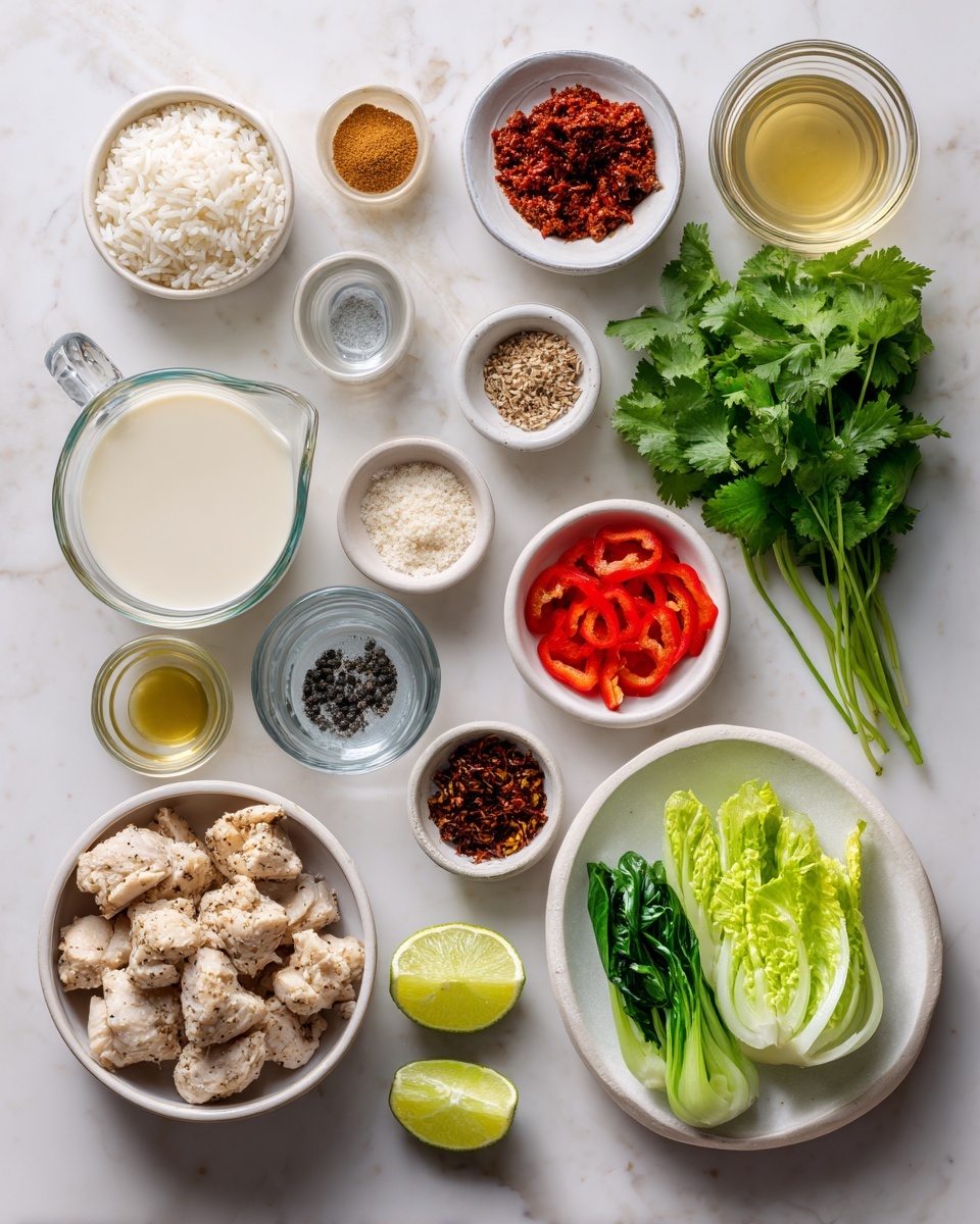 Top-down professional food photography flat lay style, bright white marble countertop, neatly arranged, evenly spaced, tidy, clean organized layout, include: small bowl of red curry paste, small bowl of brown sugar, glass measuring cup of coconut milk, small bowl of chili powder, small bowl of minced garlic, small bowl of minced ginger, small bowl of red pepper flakes, small glass cup of lime juice, small bunch of fresh cilantro on a white plate, small bowl of sliced red bell pepper strips, small bowl of roughly chopped bok choy, small plate of prepared chicken pieces seasoned with salt and pepper, small glass cup of coconut oil, small bowl of salt, small bowl of pepper, bowl of cooked rice; bright soft natural lighting, sharp focus, high detail textures, realistic reflections, professional DSLR look, 4K, no finished dish, no cooked food, no hands, no text, no watermark, no brand logos --ar 4:5 --v 7