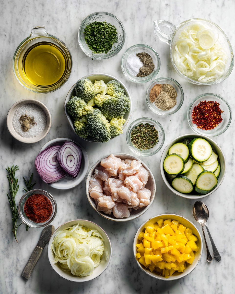 Top-down professional food photography flat lay style, bright white marble countertop, neatly arranged, evenly spaced, tidy, clean organized layout, include: small glass cup of olive oil, small bowl of salt, small bowl of fresh ground black pepper, small bowl of garlic powder, small bowl of onion powder, small bowl of dried thyme, small bowl of dried rosemary, small bowl of paprika, small bowl of chili powder, bowl of prepared chicken pieces, small plate of thinly sliced yellow onion, bowl of bite-size broccoli florets, small plate of thinly sliced zucchini half-moons, bowl of yellow bell pepper chunks, bowl of red bell pepper chunks, small glass measuring cup of low sodium chicken broth, small bowl of chopped fresh parsley, bright soft natural lighting, sharp focus, high detail textures, realistic reflections, professional DSLR look, 4K, no finished dish, no cooked food, no hands, no text, no watermark, no brand logos --ar 4:5 --v 7