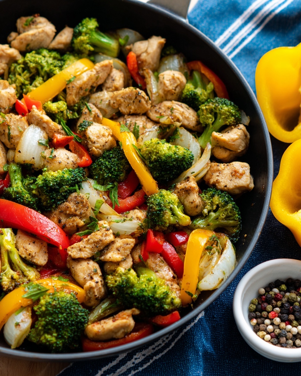 A close-up of a black pan filled with cooked pieces of light brown chicken, bright green broccoli florets, chunks of white onion, and colorful bell peppers in red and yellow, all mixed together showing a tasty, warm stir fry. The pan is set on a blue cloth with stripes, next to a small white bowl filled with mixed peppercorns and a yellow bell pepper cut in half. The scene is bright and lively, with the food showing different textures from the soft chicken to the crisp vegetables. Photo taken with an iphone --ar 4:5 --v 7