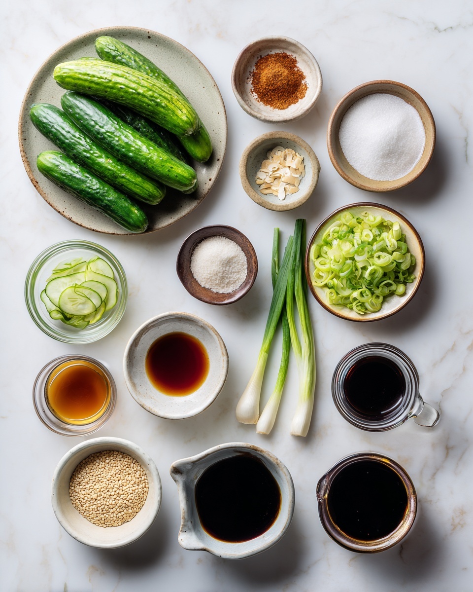 Top-down professional food photography, flat lay style, bright white marble countertop, neatly arranged, evenly spaced, tidy, clean organized layout, include: whole Persian cucumbers on a small plate, small bowl of salt, small bowl of minced garlic, small plate of sliced green onion, small glass cup of soy sauce, small glass cup of rice vinegar, small glass cup of sesame oil, small bowl of gochugaru, small bowl of brown sugar, small bowl of sesame seeds, bright soft natural lighting, sharp focus, high detail textures, realistic reflections, professional DSLR look, 4K, no finished dish, no cooked food, no hands, no text, no watermark, no brand logos --ar 4:5 --v 7