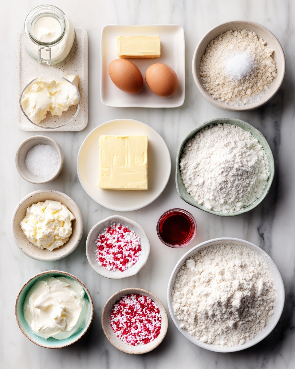 Top-down professional food photography, flat lay style, bright white marble countertop, neatly arranged, evenly spaced, tidy, clean organized layout, include: small plate of salted butter, small bowl of granulated sugar, small plate with large egg, small bottle of vanilla flavoring, bowl of all-purpose flour, small bowl of baking powder, small bowl of salt, small bowl of cream cheese, small plate of softened salted butter, bowl of powdered sugar, small bottle of red food coloring, small bowl of Valentine’s themed sprinkles, bright soft natural lighting, sharp focus, high detail textures, realistic reflections, professional DSLR look, 4K, no finished dish, no cooked food, no hands, no text, no watermark, no brand logos --ar 4:5 --v 7