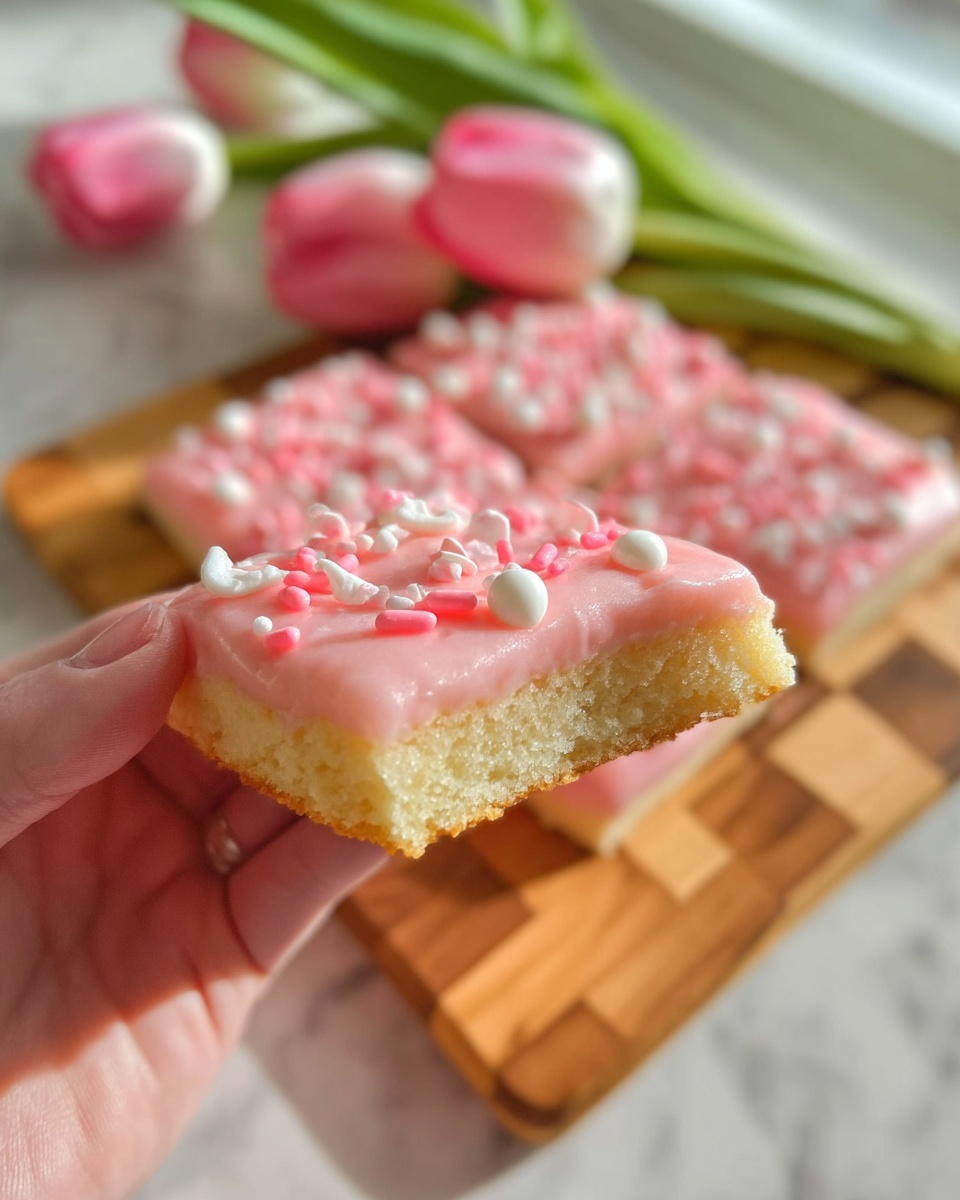 A woman’s hand holds a piece of soft, thick square cookie with a pale yellow color and slightly crumbly texture. On top is a smooth layer of shiny pink icing, decorated with small round and rod-shaped sprinkles in white, light pink, and darker pink shades. In the background, the rest of the cookie is visible on a wooden checkerboard cutting board, also covered in the same pink icing and sprinkles. Behind the board, there are a few pink tulips with green stems blurry in the light. The whole scene is set on a white marbled surface. photo taken with an iphone --ar 4:5 --v 7