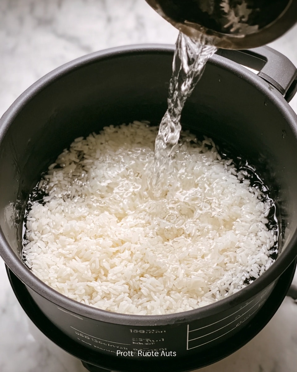 A cooking pot filled with a layer of white washed rice at the bottom, and clear water being poured over the rice from above, showing motion in the water. The inside of the pot is black with measurement markings in white on the side. The pot rests on a white marbled surface. photo taken with an iphone --ar 4:5 --v 7