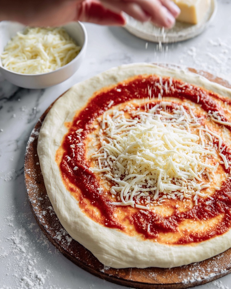 A round pizza dough spread out on a wooden board with a thick edge, topped with a bright red tomato sauce layer covering almost all the dough except the edge, and shredded white cheese being sprinkled in the center by a blurred woman's hand, with a white bowl full of shredded cheese and a small white bowl of extra sauce nearby on a white marbled surface dusted with flour photo taken with an iphone --ar 4:5 --v 7