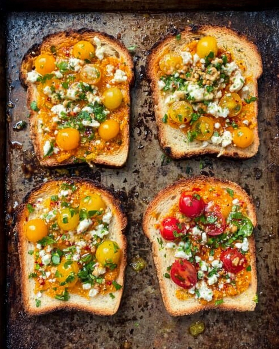 The image shows four slices of toasted white bread placed on a baking tray with a dark, worn surface. Each toast slice is topped with a layer of melted orange cheese spread evenly. On top of the cheese, there are colorful toppings: two slices have bright yellow halved cherry tomatoes, chopped green herbs, and white crumbled cheese, and the other two slices have red halved cherry tomatoes with chopped green herbs. The toasts have a golden brown crust and some melted cheese dripping slightly on the tray. The overall look is warm and fresh with a mix of vibrant colors. Photo taken with an iphone --ar 4:5 --v 7