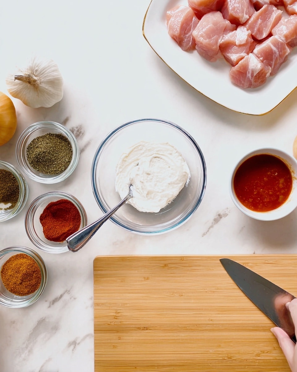A clear glass bowl sits on a white marbled surface, with a liquid and a dollop of white thick cream inside it. A woman's hand is holding a spoon, stirring the mixture. Near the bowl are small glass jars filled with different ground spices, showing deep red, green, and brown colors. To the top left, there is a white dish with raw pale pink meat pieces neatly arranged. Next to the dish are a whole white garlic bulb, a yellow onion, and a small white bowl filled with red sauce. A wooden cutting board with a sharp silver chef knife rests on the same white marbled surface below these items. The scene is bright and clean, showing ingredients ready for preparation. photo taken with an iphone --ar 4:5 --v 7