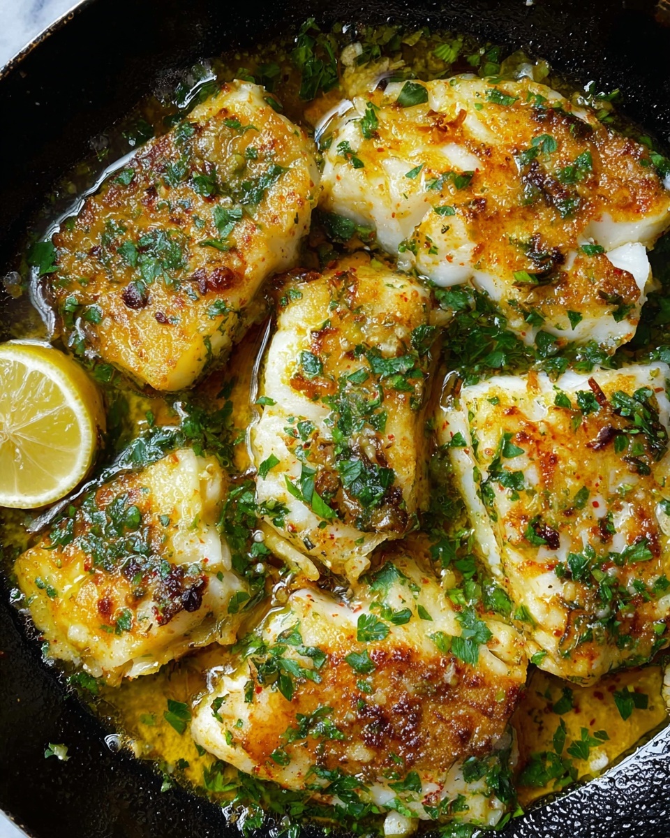 This close-up shows five pieces of golden-brown cooked fish with a slightly crispy top layer, laid out in a round black pan. The fish pieces are white inside with a soft texture and have a yellowish golden crust on top. Bright green chopped herbs are sprinkled across the fish and pan, adding freshness. A lemon half with light yellow flesh is positioned in the lower left corner. The surrounding liquid is a glossy mixture of oil and juices with rich golden tones, creating a shiny base and some green herbs floating in it. The background is changed to a white marbled texture. Photo taken with an iphone --ar 4:5 --v 7