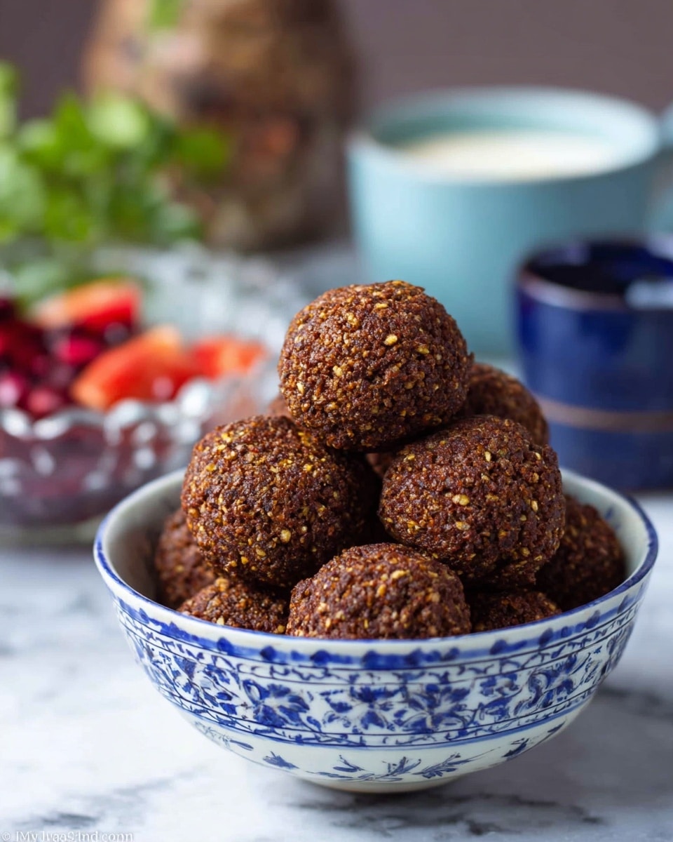 A white bowl with blue patterns is full of round, dark brown falafel balls stacked up, showing a rough, grainy texture with visible small bits of yellow and lighter brown. Behind the bowl, there is a light blue cup and a smaller dark blue cup that are blurred. To the left, there is a blurry hint of a glass bowl with some green leaves and red pieces visible. The scene is set on a white marbled surface. photo taken with an iphone --ar 4:5 --v 7