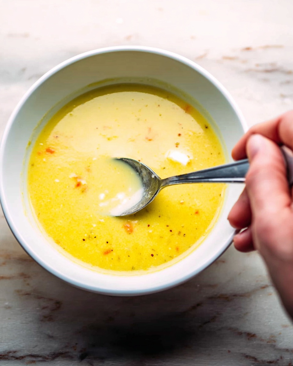 The image shows a close-up of a white bowl filled with creamy yellow soup that has small bits of orange and some visible spices. A woman's hand holds a spoon inside the bowl, stirring the soup gently. The background is a white marbled surface, giving a clean and bright look. The soup has a smooth texture with small chunks, and the spoon is shiny metal with a simple design. photo taken with an iphone --ar 4:5 --v 7