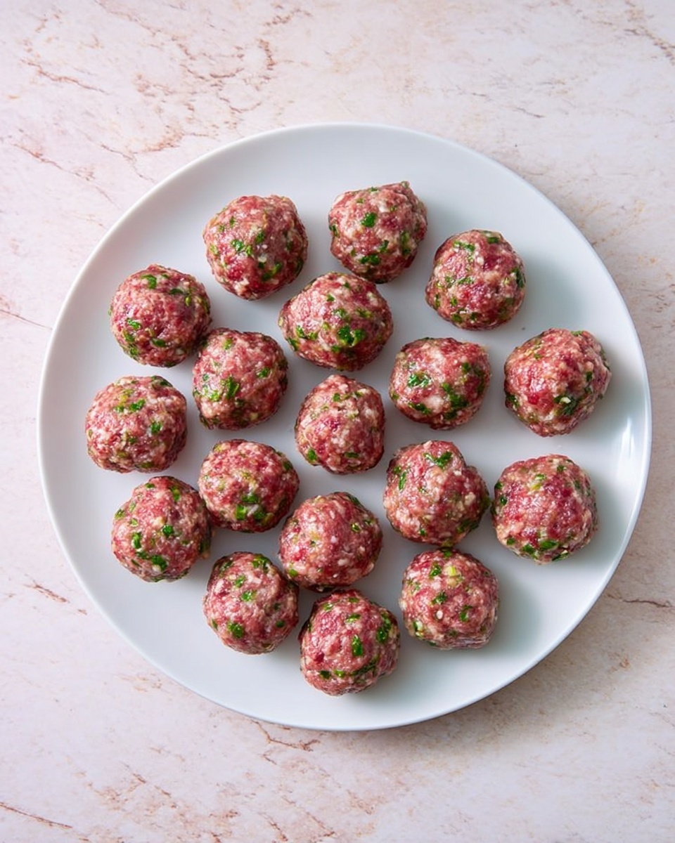 A white plate holds 20 round raw meatballs placed neatly in rows. Each meatball is mixed with small green herb bits visible throughout, giving a speckled green and red look. The plate is set on a white marbled surface with a soft pinkish tone. The meatballs look fresh and evenly sized, arranged closely but not touching each other. photo taken with an iphone --ar 4:5 --v 7