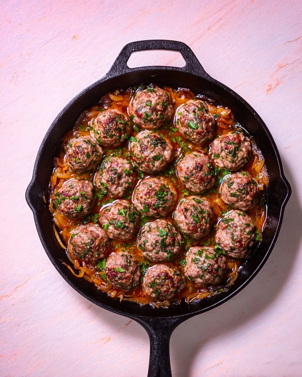 A black cast iron skillet filled with two layers: the bottom layer has orange cooked onions with a soft texture spread evenly, while the top layer shows 16 round, raw meatballs mixed with finely chopped green herbs, arranged in a tight pattern. The skillet is set on a white marbled surface with a soft pink background. photo taken with an iphone --ar 4:5 --v 7