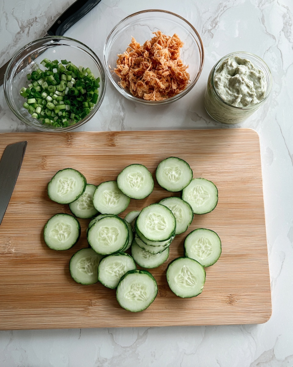 The image shows a light wooden cutting board on a white marbled surface, with thirteen fresh cucumber slices arranged loosely on it. Above the board, there are three clear glass bowls: the left one contains chopped green onions, the middle one has a reddish-brown shredded mixture, and the right one holds a creamy, light gray-green spread in a jar. A knife's handle peeks out from the left edge of the image, resting on the marbled surface. photo taken with an iphone --ar 4:5 --v 7