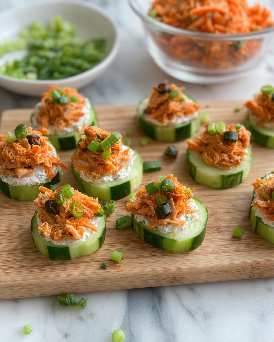 Small round slices of bright green cucumber form the base, each topped with a creamy white spread layer. On top of the spread, there is a pile of shredded orange-colored chicken. Tiny bits of bright orange carrot and chopped dark green onion pieces are scattered on and around the cucumber stacks on a light wood board. In the background, a clear white bowl with green onion pieces and a glass bowl with the shredded chicken mixture sit on a white marbled surface. photo taken with an iphone --ar 4:5 --v 7