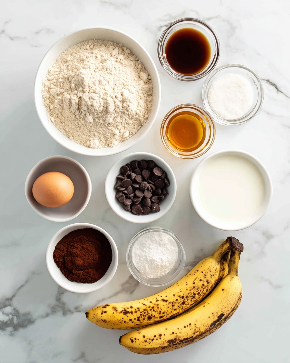 The image shows an overhead view of baking ingredients arranged neatly on a white marbled surface. There is a large white bowl filled with light brown flour at the top left. To the right of it are two small clear glass bowls, one with a dark brown liquid and the other with a honey-colored thick liquid. Below the flour and these bowls is a brown egg and a small glass jar of white milk. Next to these is a white bowl filled with dark chocolate chips. Below the egg and milk jar, there is a white bowl with dark reddish-brown cocoa powder. To the right of this, a clear small bowl holds white powder, and a larger white bowl contains smooth plain yogurt. In the bottom right corner, two ripe bananas with brown spots lie side by side. photo taken with an iphone --ar 4:5 --v 7