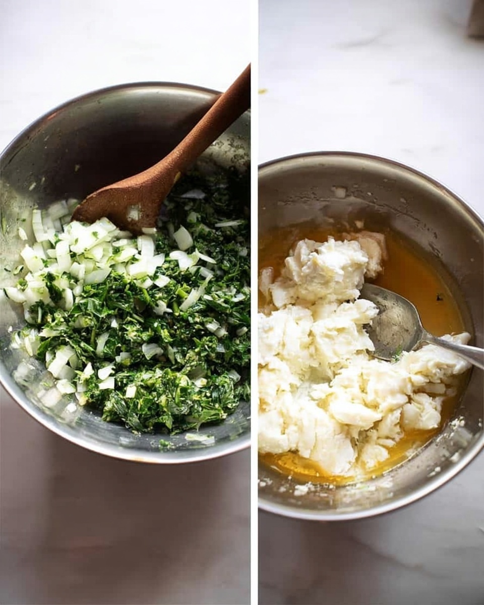 The image shows two large silver metal bowls on a white marbled surface. The left bowl is filled with chopped green herbs and white onions mixed together, with a wooden spoon resting inside. The right bowl contains a mix of creamy white chunks on top of a yellow liquid, with a metal spoon partly submerged in the mixture. The bowls are side by side, and some shadows fall softly on the white marbled background. photo taken with an iphone --ar 4:5 --v 7