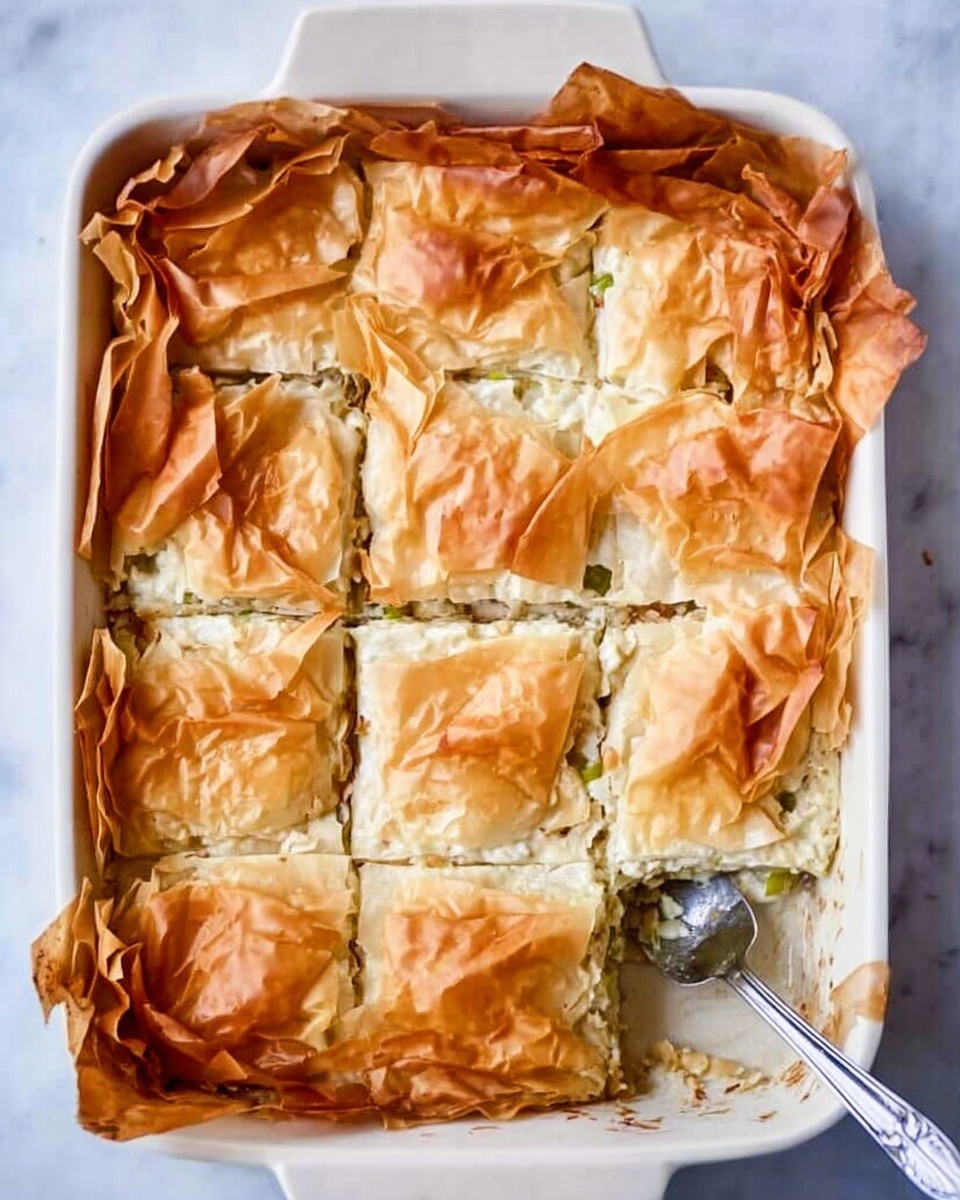 The image shows a white rectangular baking dish filled with a layered pastry dish cut into nine squares. The top layer is a golden brown, crispy phyllo dough, with some edges curled and darker from baking. Beneath the top layer, there are soft, creamy, off-white layers that look smooth and slightly shiny, indicating a rich filling. Small hints of green parts are visible in the middle layers, suggesting some vegetables or herbs inside. The baking dish is placed on a white marbled surface, and a silver butter knife rests along the left side inside the dish. Photo taken with an iphone --ar 4:5 --v 7