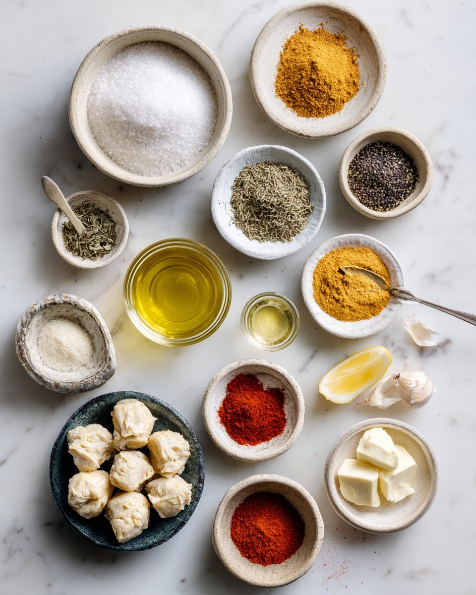 Top-down professional food photography, flat lay style, bright white marble countertop, neatly arranged, evenly spaced, tidy, clean organized layout, include: bowl of Himalayan or kosher salt, small bowl of freshly ground black pepper, small bowl of minced garlic, small bowl of sweet paprika, small bowl of turmeric, small bowl of dried oregano, small bowl of dried thyme, small bowl of cayenne pepper, small glass cup of extra virgin olive oil, small glass cup of lemon juice, small plate with butter pats, plate with prepared chicken pieces, bright soft natural lighting, sharp focus, high detail textures, realistic reflections, professional DSLR look, 4K, no finished dish, no cooked food, no hands, no text, no watermark, no brand logos --ar 4:5 --v 7