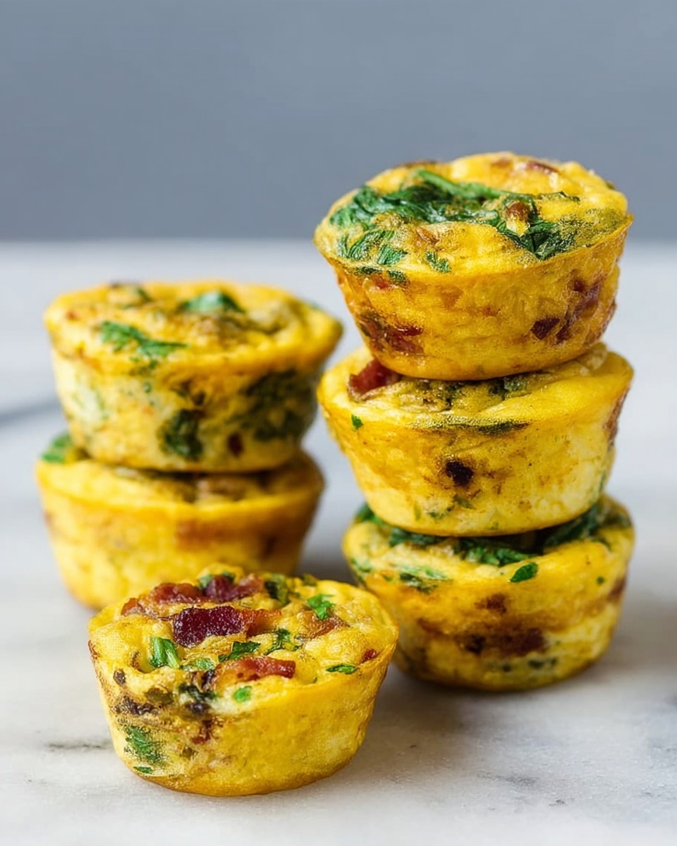 The image shows three stacks of small egg muffins placed on a white marbled surface. Each stack has three egg muffins with a golden yellow outer layer and hints of green herbs embedded inside. The muffins have a slightly browned top with a light texture and some visible leafy greens on the surface. In front of the stacks, there is one muffin lying flat that is cut in half, showing a soft inside filled with spinach and small pieces of bacon, adding red and dark brown colors to the yellow egg base. The photo taken with an iphone --ar 4:5 --v 7