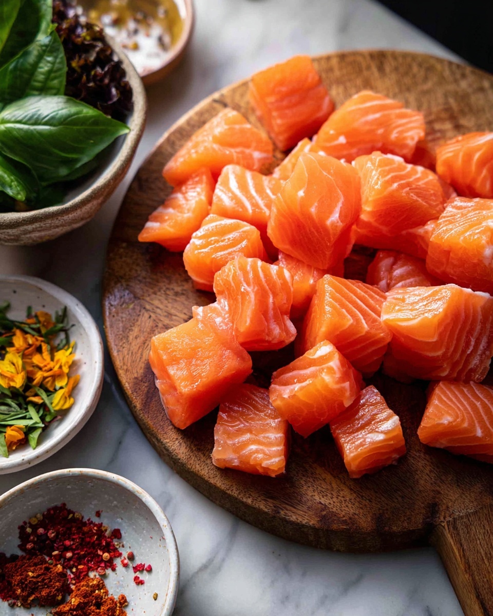 The image shows many pieces of fresh, bright orange salmon cut into cubes with visible white stripes, placed on a brown wooden board in the middle. Surrounding the salmon, there are a few small white bowls, one with dark green basil leaves, another with small yellow and red flowers, and another with red spices and seeds. The scene is set on a white marbled surface, giving a clean and fresh look. The light highlights the shiny and moist texture of the salmon pieces. Photo taken with an iphone --ar 4:5 --v 7