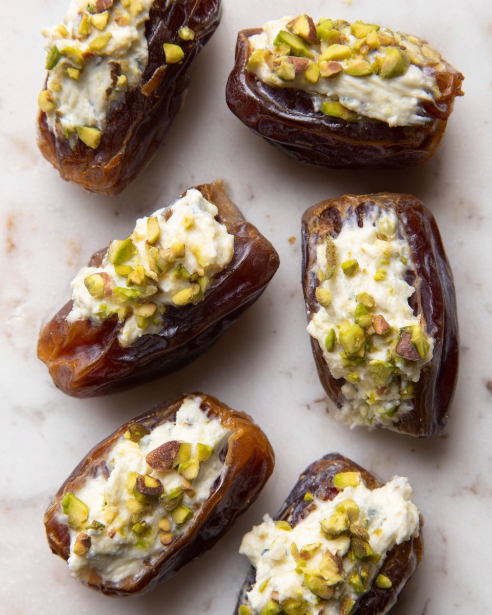 The image shows six stuffed dates placed on a white marbled surface. Each date is split open and filled with a creamy, white cheese mixture. The creamy filling is topped with chopped, light green pistachio pieces, adding a textured contrast. The dates themselves are a rich, dark brown color with wrinkled skin and have a glossy shine. The arrangement is casual and close together, showing the smooth, rich cream against the darker, sticky dates photo taken with an iphone --ar 4:5 --v 7