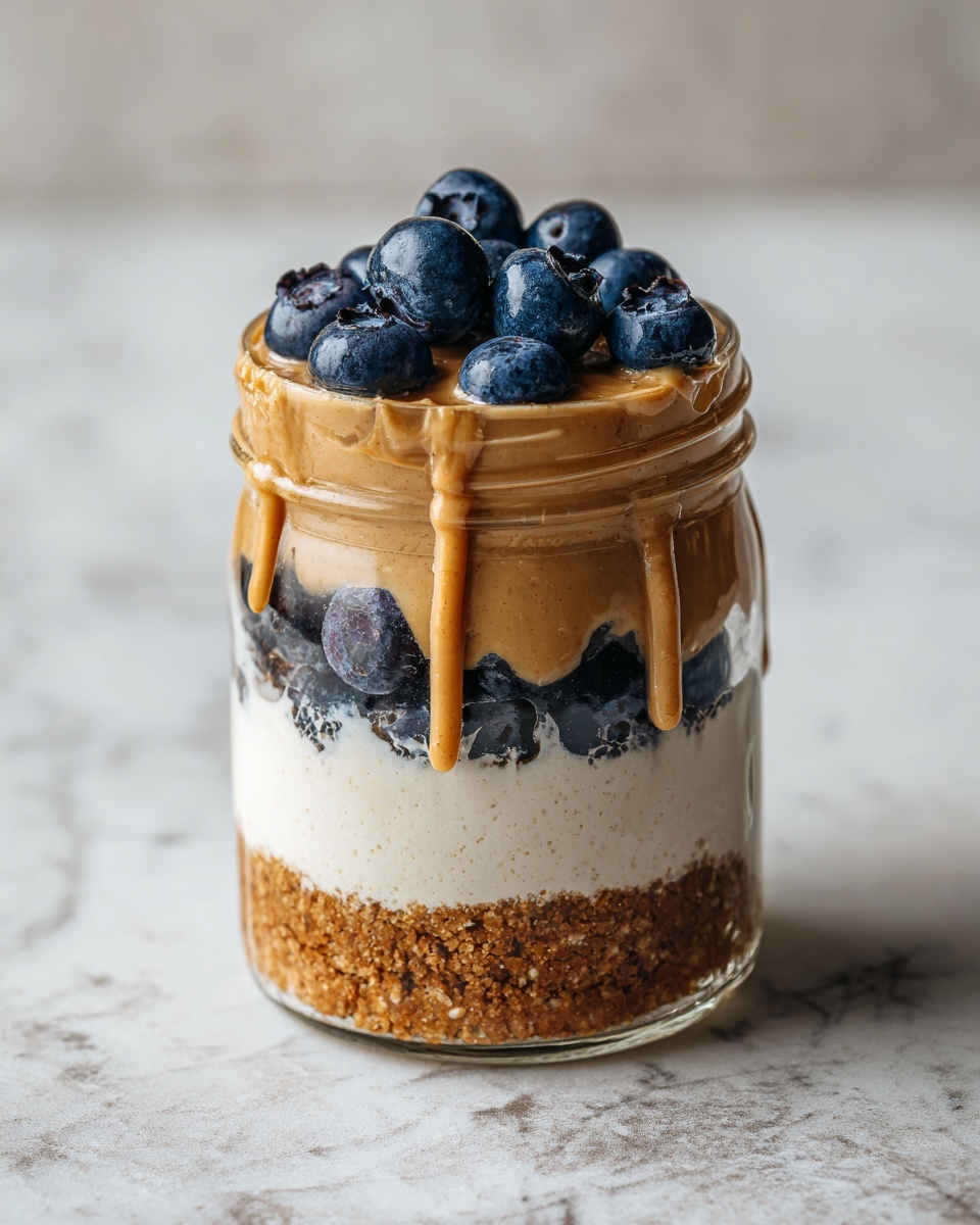 A clear glass jar with three visible layers stands on a white marbled surface. The bottom layer is a crumbly, light brown mixture with a rough texture. Above it sits a small layer of dark blue berries that add contrast. The middle layer is a smooth, creamy tan-colored peanut butter filling that partially drips down over the berries. The top layer is a thick and fluffy white cream that slightly spreads but keeps its shape. photo taken with an iphone --ar 4:5 --v 7