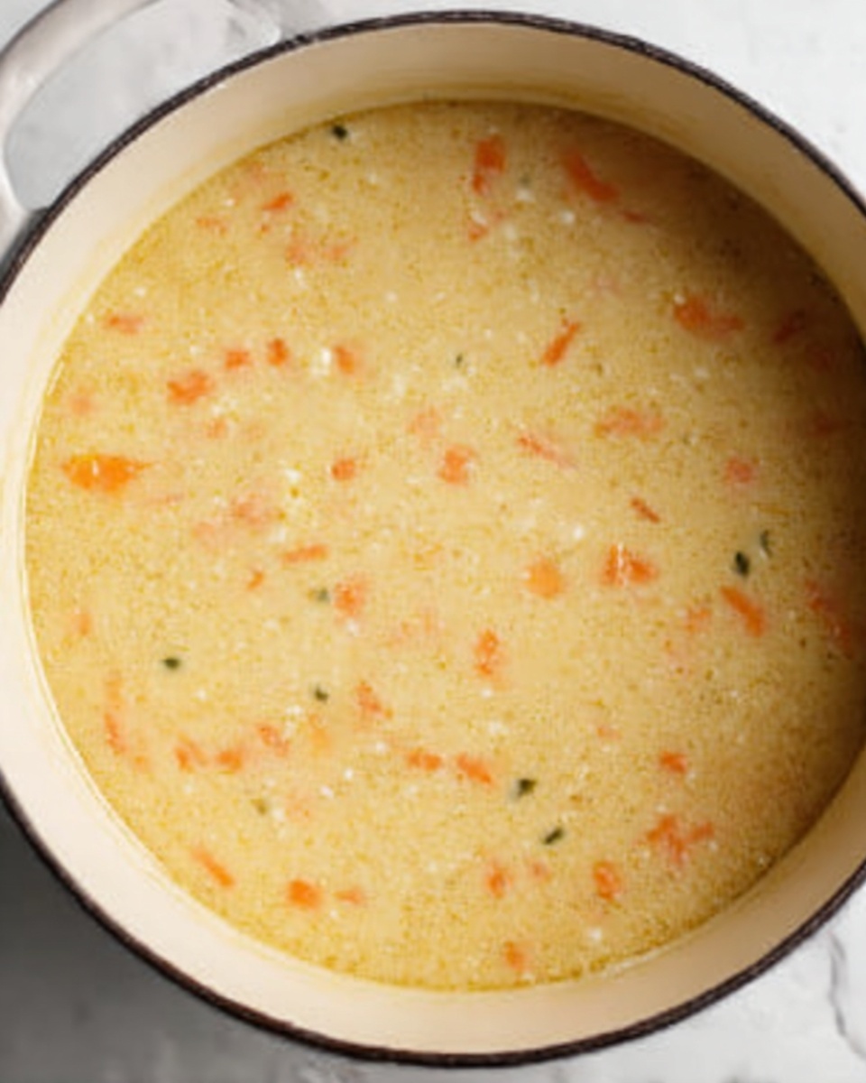 The image shows a close-up of a white pot filled with a creamy soup that has small soft pieces of orange vegetables scattered throughout. The soup is smooth and thick, with a light yellowish color. The pot is placed on a white marbled surface, making the colors of the soup stand out clearly. There are no other items around, focusing fully on the texture and warmth of the soup. photo taken with an iphone --ar 4:5 --v 7