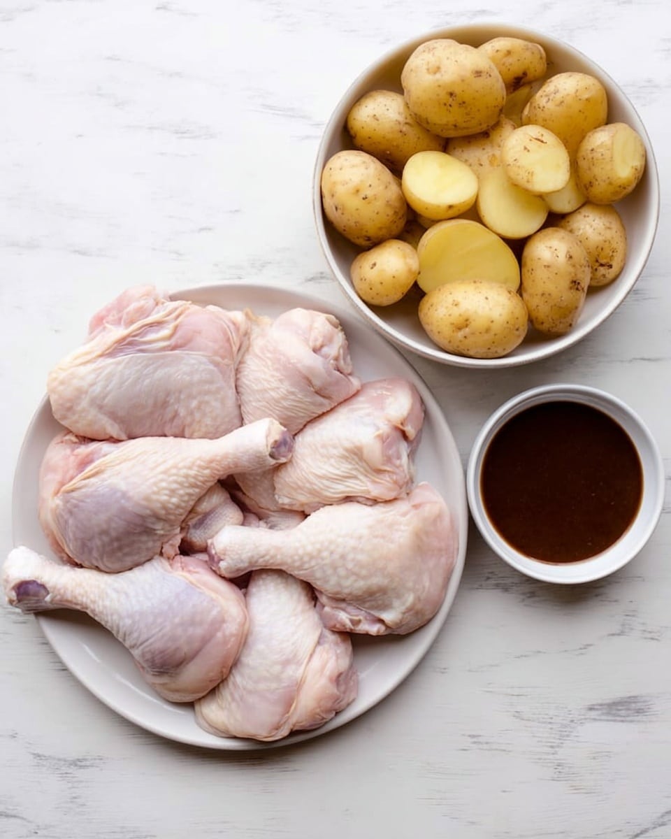 A white plate holds several raw pale pink chicken parts, including legs and thighs, showing smooth, slightly shiny skin with some visible texture. To the right, a white bowl is filled with many small yellow potatoes, some whole and some sliced in half, with a smooth skin and a few brown spots. Below the bowl, a small white bowl contains dark brown sauce with a shiny surface and smooth texture. All items are placed on a white marbled surface. photo taken with an iphone --ar 4:5 --v 7