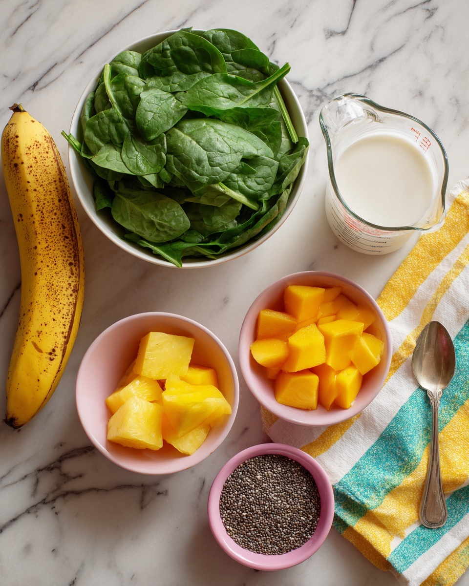 The image shows several ingredients arranged on a white marbled surface. There is a large white bowl filled with fresh green spinach leaves, positioned near the center-top. To the left of the bowl is a ripe yellow banana with some brown spots. Below the banana, there are two small bowls, one light pink filled with chunks of yellow pineapple and the other a deeper pink with pieces of orange mango. To the right of these bowls is a clear glass measuring cup filled with white milk, resting on a folded yellow cloth with green and blue stripes. Next to the measuring cup is a small metal spoon filled with black chia seeds. photo taken with an iphone --ar 4:5 --v 7