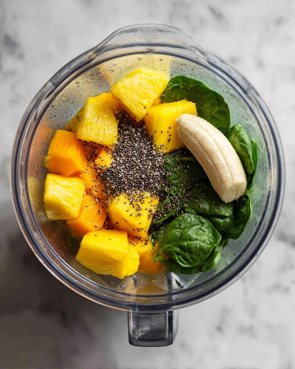 Inside a clear blender container, there are layers of ingredients starting with fresh green spinach leaves at the bottom, followed by bright yellow pineapple chunks and orange mango pieces scattered over the spinach. On top of the fruit mix, a peeled small banana is placed horizontally. Dark chia seeds are sprinkled over the banana and fruit layers. The container is placed on a white marbled surface. Photo taken with an iphone --ar 4:5 --v 7
