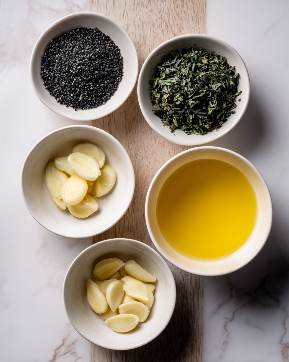 The image shows four white bowls arranged on a wooden surface. The top left bowl contains small black seeds with a rough texture. The top right bowl holds fresh green chopped herbs. Below them, on the left side, a white bowl contains sliced garlic cloves that are pale and smooth. To the right, a larger white bowl is filled with melted yellow butter giving a smooth, shiny look. The background is a white marbled texture. photo taken with an iphone --ar 4:5 --v 7