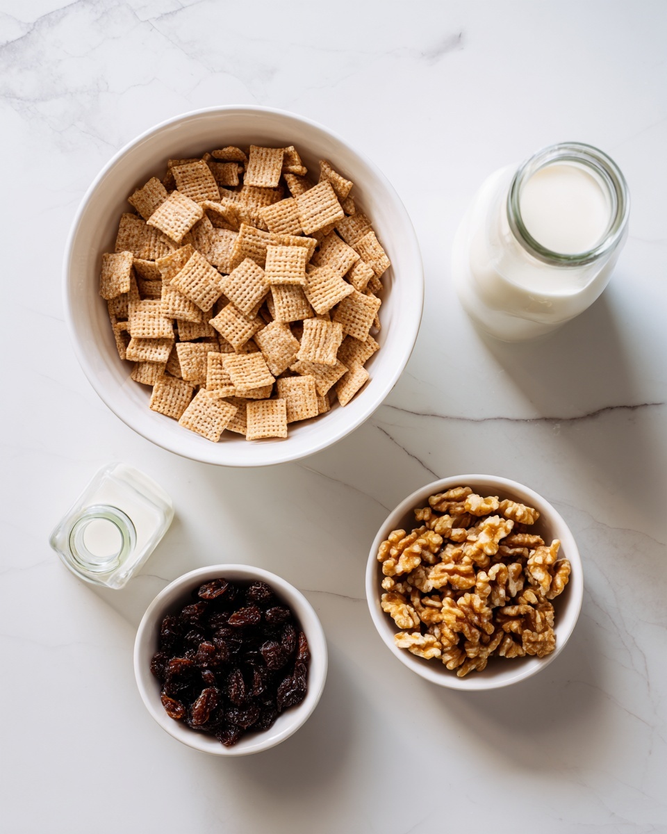 The image shows four items on a white marbled surface: a large white bowl filled with square light brown cereal pieces with a woven texture at the top center, a small white bowl full of chopped light brown walnuts placed at the bottom right, a small white bowl containing dark dried raisins located at the bottom left, and a small glass bottle filled with white milk positioned between the two larger bowls on the right side. The setup is neat and simple with a top-down view. photo taken with an iphone --ar 4:5 --v 7