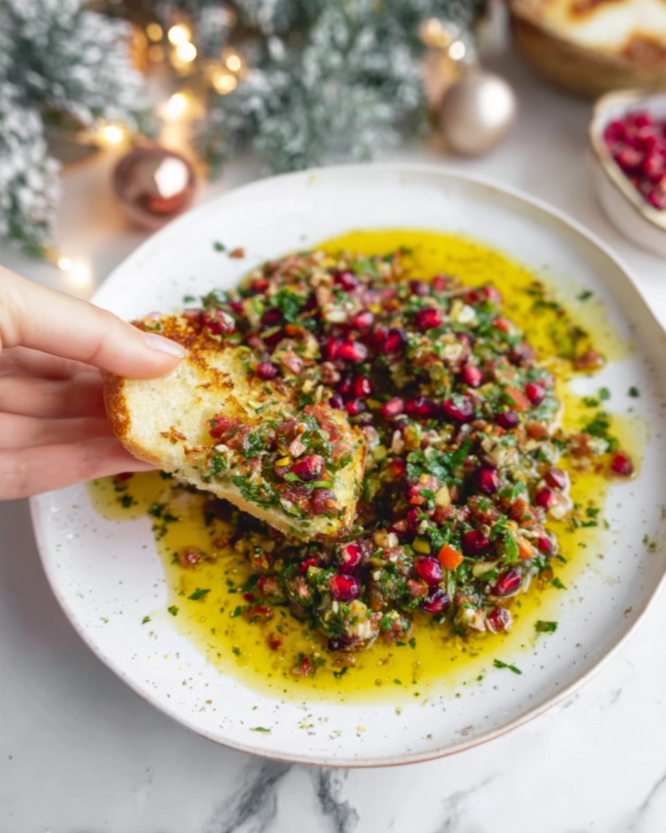 A white plate holds a colorful dish with multiple layers of finely chopped green herbs and red pomegranate seeds mixed in an oily yellow sauce spread thin across the plate. A piece of light brown toasted bread is partially dipped into the mixture, held by a woman's hand in the lower left corner. The background is a white marbled surface, with soft holiday decorations blurred in the upper left corner, creating a cozy and fresh feeling. Photo taken with an iphone --ar 4:5 --v 7