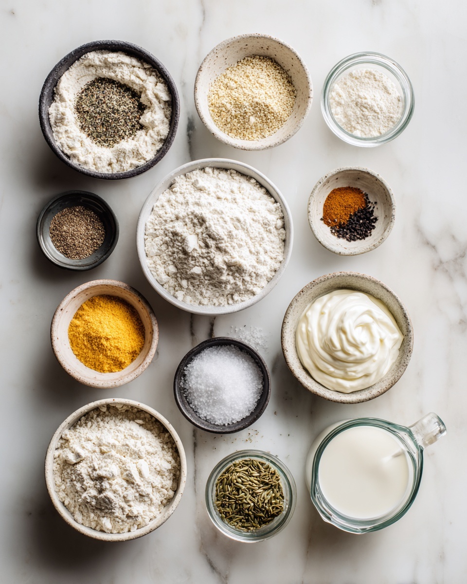 Top-down professional food photography flat lay style, bright white marble countertop, neatly arranged, evenly spaced, tidy, clean organized layout, include: bowl of self-rising flour, small bowl of salt, small bowl of everything bagel seasoning, small bowl of za’atar, small bowl of dukkah, small bowl of sesame seeds, small bowl of poppy seeds, small bowl of grated cheddar, small bowl of pickled jalapeños, small bowl of flaky sea salt, small bowl of cinnamon sugar, glass measuring cup of thick Greek yogurt, small glass cup of whisked egg, bright soft natural lighting, sharp focus, high detail textures, realistic reflections, professional DSLR look, 4K, no finished dish, no cooked food, no hands, no text, no watermark, no brand logos --ar 4:5 --v 7