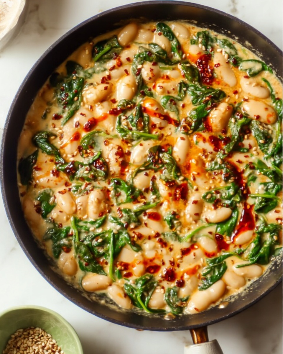 A black frying pan filled with a creamy white bean stew cooked with fresh green spinach leaves scattered evenly across the surface. The dish features soft white beans mixed with a light beige creamy sauce that has orange-red chili oil drops spread on top, adding a splash of bright color. Small toasted seeds are sprinkled over the stew, adding texture and color contrast. The pan sits on a white marbled surface beside a small green bowl appearing partially in the frame. The whole scene looks warm and hearty, capturing a wholesome vegetable and bean dish. photo taken with an iphone --ar 4:5 --v 7