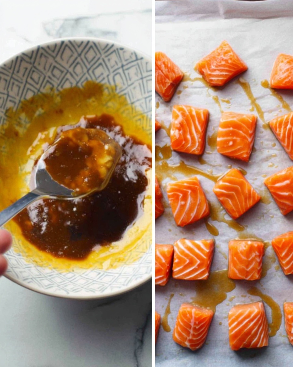 The first image shows a white bowl with a detailed pattern, filled with a mix of dark brown and yellow sauces. A spoon held by a woman's hand is scooping up some of the sauce, showing the layered colors of the thick dark sauce on top and the yellow sauce underneath. The bowl sits on a white marbled surface. The second image shows small, even square pieces of raw orange salmon with white lines on them, spread out on a white parchment paper. The salmon pieces have a slightly shiny texture, and some light brown sauce is drizzled over and around them. This setup is also on a white marbled surface. photo taken with an iphone --ar 4:5 --v 7