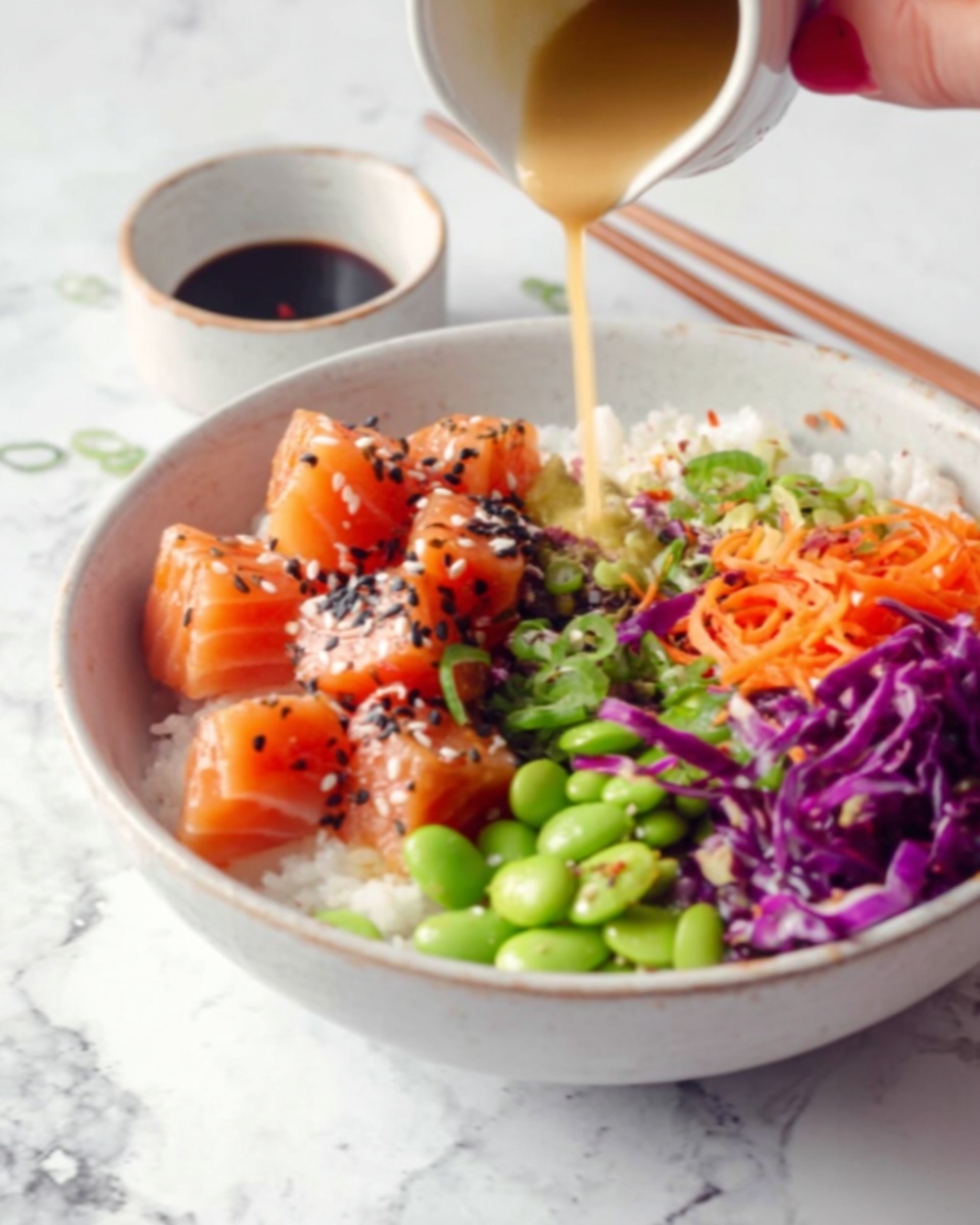 The image shows a white bowl filled with a colorful poke bowl on a white marbled surface. At the base, there is a layer of white rice with a soft texture. On top of the rice, there are bright orange cubes of salmon placed on one side, garnished with black sesame seeds. Next to the salmon, there is a section of light green edamame beans and thin ribbons of orange carrot. Purple shredded cabbage occupies another area, adding vibrant color. Green chopped scallions and a sprinkling of white sesame seeds are scattered on top. A woman's hand is pouring a light brown sauce from a small white bowl over the dish, while wooden chopsticks rest on the edge of the bowl. Photo taken with an iphone --ar 4:5 --v 7
