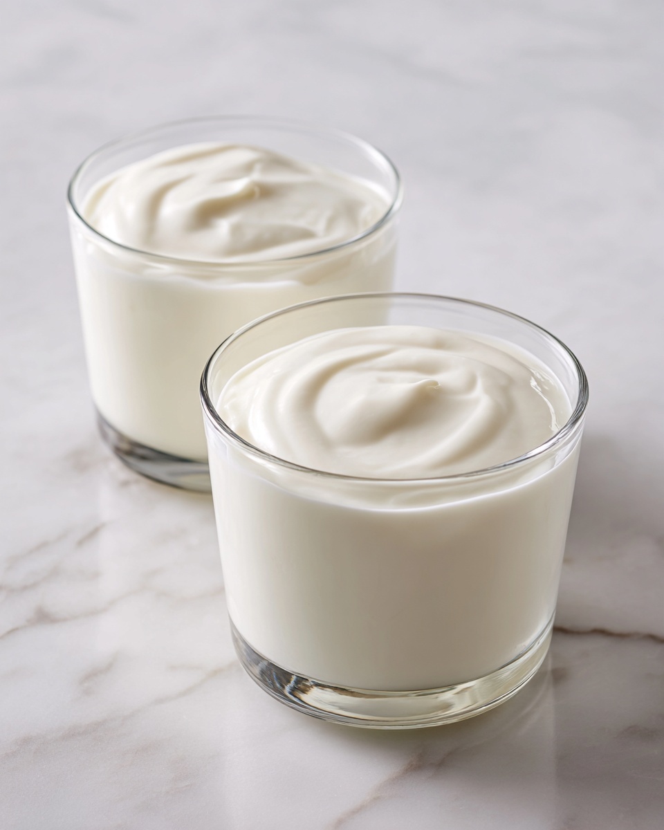 The image shows two clear glass cups filled with smooth, creamy white yogurt. Each cup is filled almost to the top, with a slight swirl texture visible on the surface of the yogurt. The cups are placed on a white marbled surface with subtle gray veins. The lighting is soft and natural, highlighting the creamy texture of the yogurt in the transparent cups with no additional decorations or layers visible photo taken with an iphone --ar 4:5 --v 7