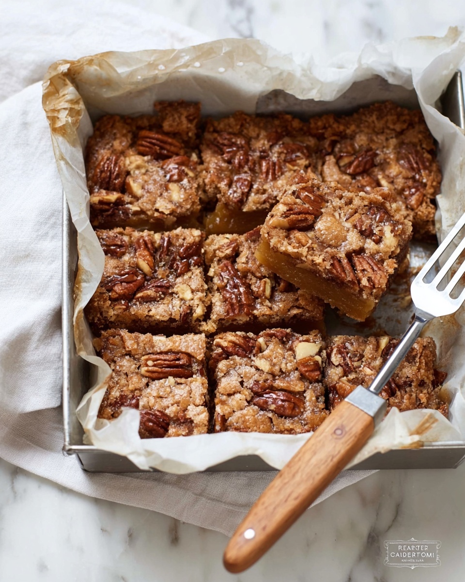 A square metal baking pan lined with crumpled parchment paper holds a tray of freshly baked dessert bars cut into uneven squares, showing a golden caramel layer inside topped with a cracked, crispy brown crust mixed with pecan halves. The dessert has a textured, crunchy top layer with a slightly shiny caramel look that peeks through. To the side, a metal spatula with a wooden handle rests on a white cloth, all set against a white marbled surface. Photo taken with an iphone --ar 4:5 --v 7