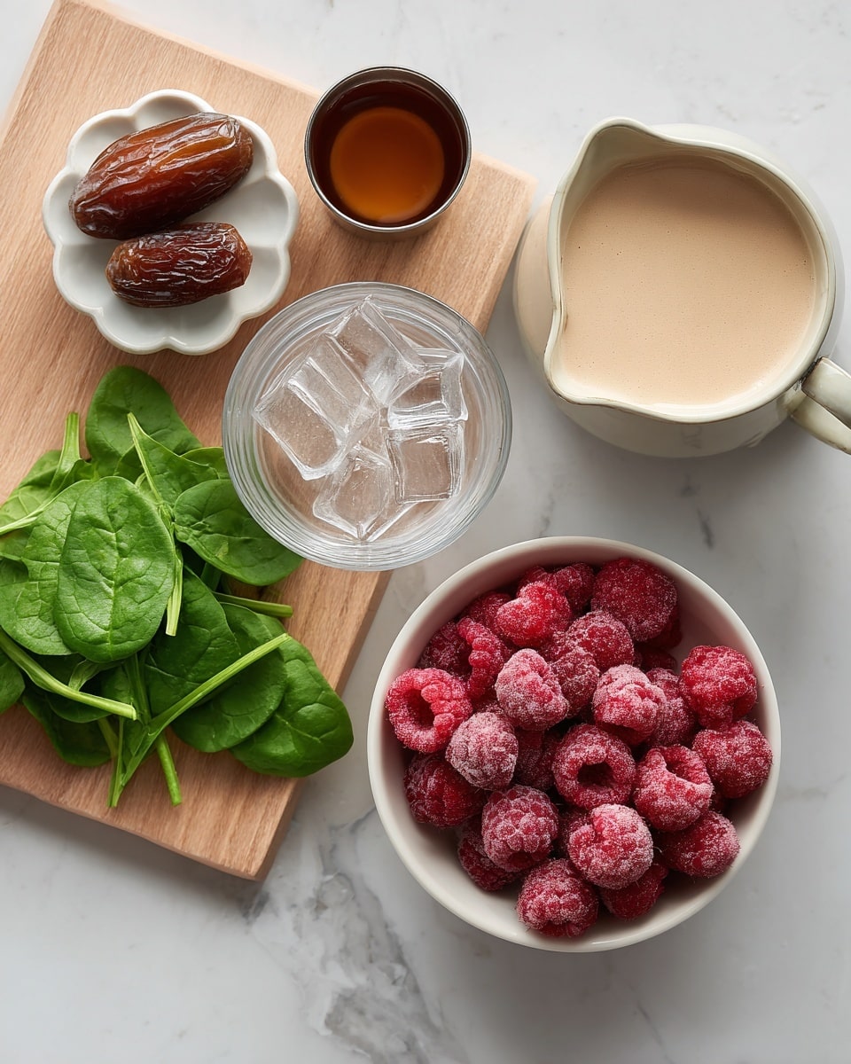 The image shows ingredients for a recipe arranged on a white marbled surface. In the lower part, there is a white bowl filled with frozen red raspberries with icy textures. To the left, a small pile of fresh green spinach leaves lies flat, showing bright and healthy color. Above the bowl of berries, there is a light cream-colored pitcher containing a smooth beige liquid. To the right of this, a clear glass cup holds several ice cubes with a shiny and transparent look. In the top left corner, a beige wooden board holds a white flower-shaped small bowl with two brown dates inside, next to a small metal cup filled with dark amber liquid. The setup is clean and simple with a fresh and natural feel. photo taken with an iphone --ar 4:5 --v 7