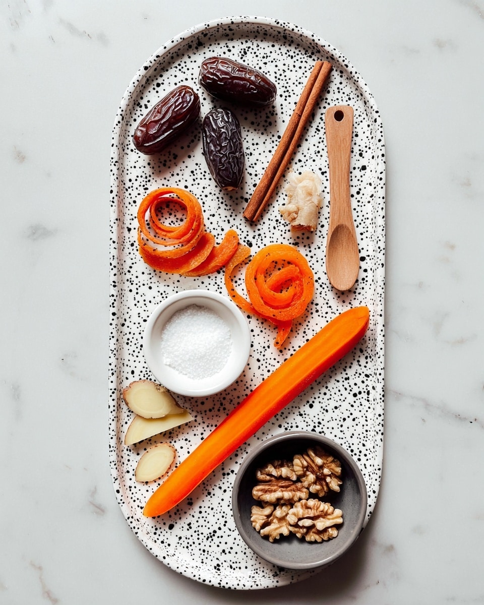 On a long white plate with black speckles, there are several ingredients arranged neatly on a white marbled surface. At the top, three dark brown dates sit close together near two cinnamon sticks placed diagonally. Below the cinnamon sticks, dark raisins and a coiled orange carrot peel strip are visible. Toward the bottom half of the plate, a long bright orange carrot runs vertically, accompanied by two pieces of light brown ginger and some ginger slices. A small white bowl holding a white powdery substance is at the bottom left, while a small gray bowl filled with walnut halves is positioned to the right of the carrot. A wooden spoon with white salt rests near the dates. photo taken with an iphone --ar 4:5 --v 7