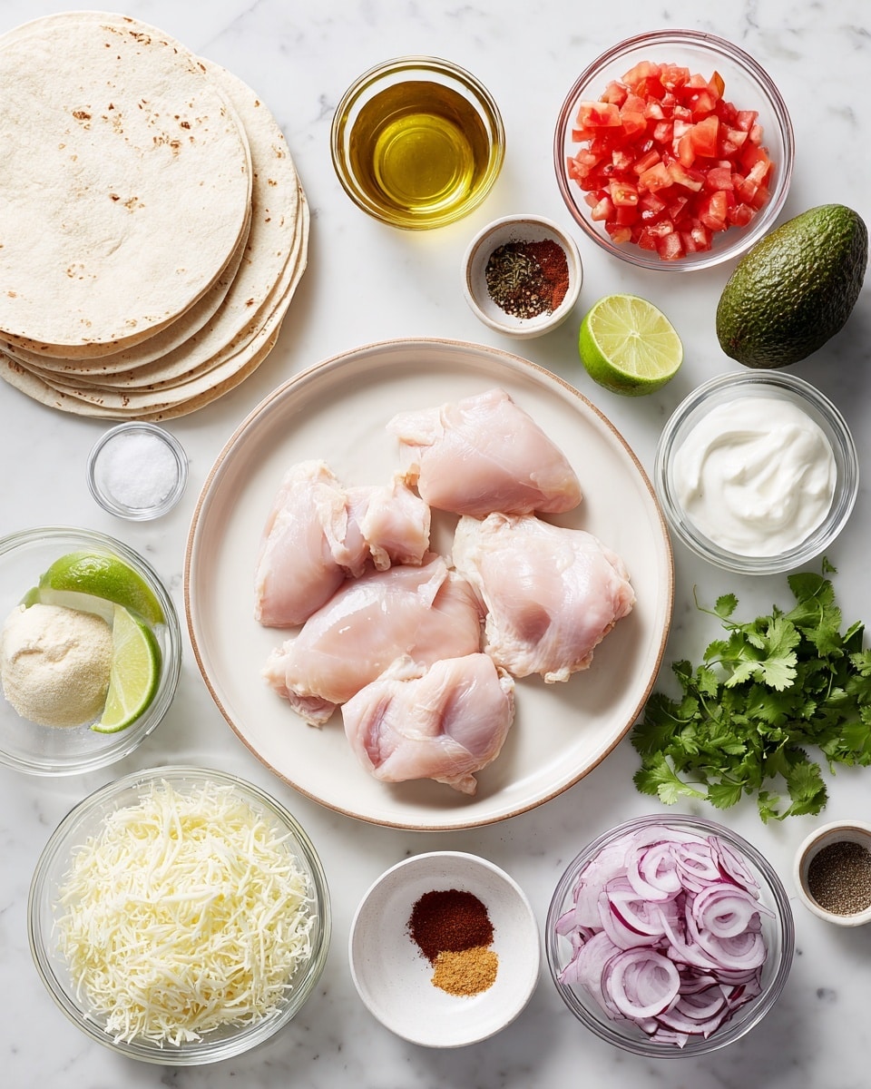The image shows four raw pale pink chicken pieces placed in the center of a white plate with a beige rim. Around the chicken plate are several clear glass bowls arranged neatly, containing finely shredded white cheese, bright green cilantro leaves, thinly sliced red onions, and chopped red tomatoes. There are also small bowls of spices in shades of brown, red, and black, a bowl of white coarse salt, and a bowl of white sour cream or yogurt. A few lime wedges rest in a small white bowl. To the left, there are three stacked white corn tortillas and a whole dark green avocado, along with a small glass container of golden olive oil. All items are laid out on a smooth white marbled surface, showing a neat and clean arrangement. Photo taken with an iphone --ar 4:5 --v 7