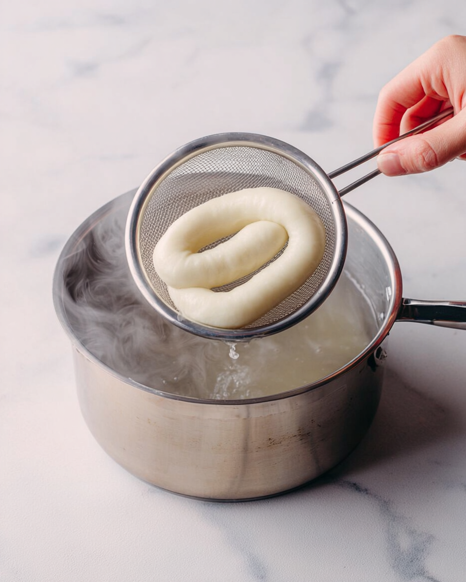 A woman's hand is holding a small round metal strainer above a metal pot filled with hot water. Inside the strainer, there is a coil of thick, smooth, white dough that looks soft and shiny. Steam rises gently from the pot. The pot sits on a white marbled surface with soft, natural lighting. photo taken with an iphone --ar 4:5 --v 7