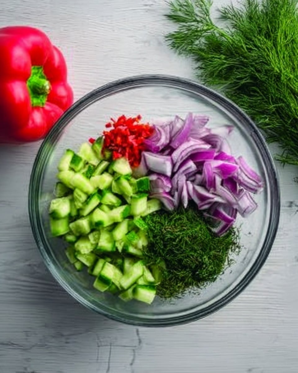 A clear glass bowl with chopped bright green cucumber pieces at the bottom left, finely chopped dark green dill on the top right, and thinly sliced red onion with purple skin and white inside on the top left, along with small red pepper pieces near the onion. Outside the bowl on the white marbled surface, there is a whole red bell pepper on the left and a small bunch of fresh green dill on the right. Photo taken with an iphone --ar 4:5 --v 7
