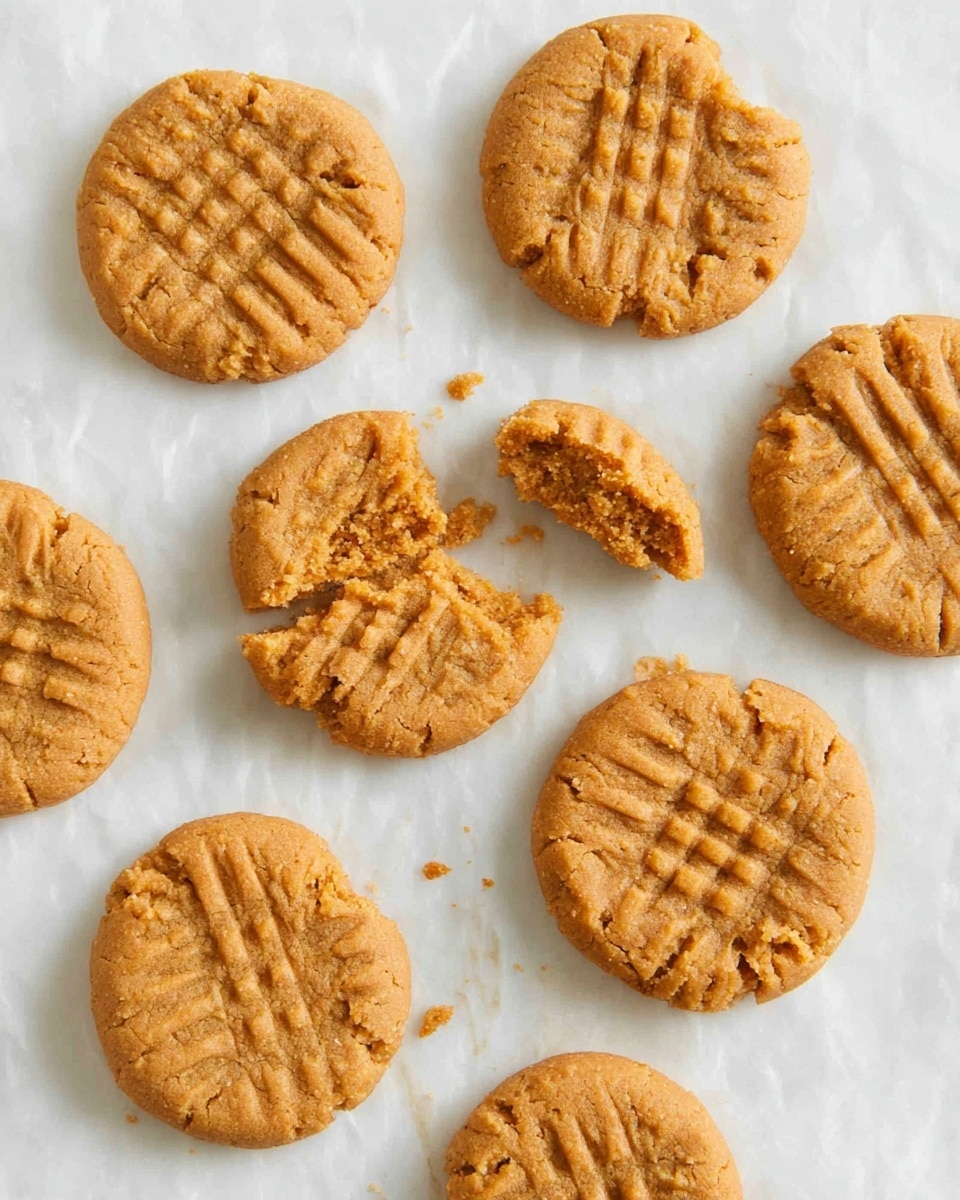 Several round peanut butter cookies are scattered on a white marbled surface. Each cookie has a light brown color with a crisscross fork pattern pressed into the top. Most cookies are whole, but one cookie near the center is broken into three pieces, showing a crumbly texture inside with the same light brown color. The image looks bright and clear, taken from above in natural light, photo taken with an iphone --ar 4:5 --v 7