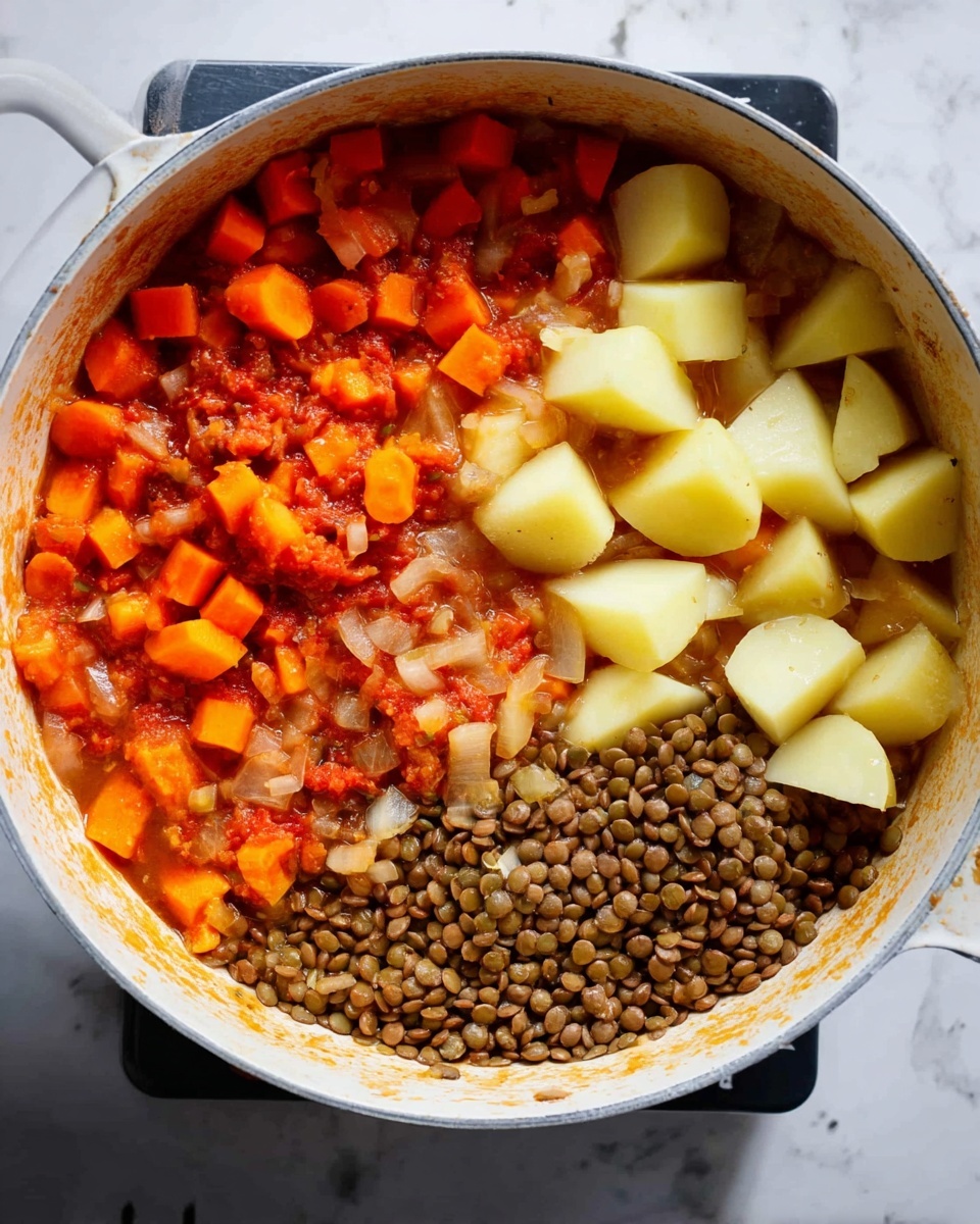 Inside a large white pot, three clear layers form a colorful mix: on the left side, a layer of bright orange diced carrots and translucent onions mixed with a light red sauce; on the top right, chunky pale yellow potato pieces with skin on, some showing a slight brown edge; and at the bottom right, a thick layer of small, brown lentils with a slightly rough texture. The pot rests on a white marbled surface. Photo taken with an iphone --ar 4:5 --v 7