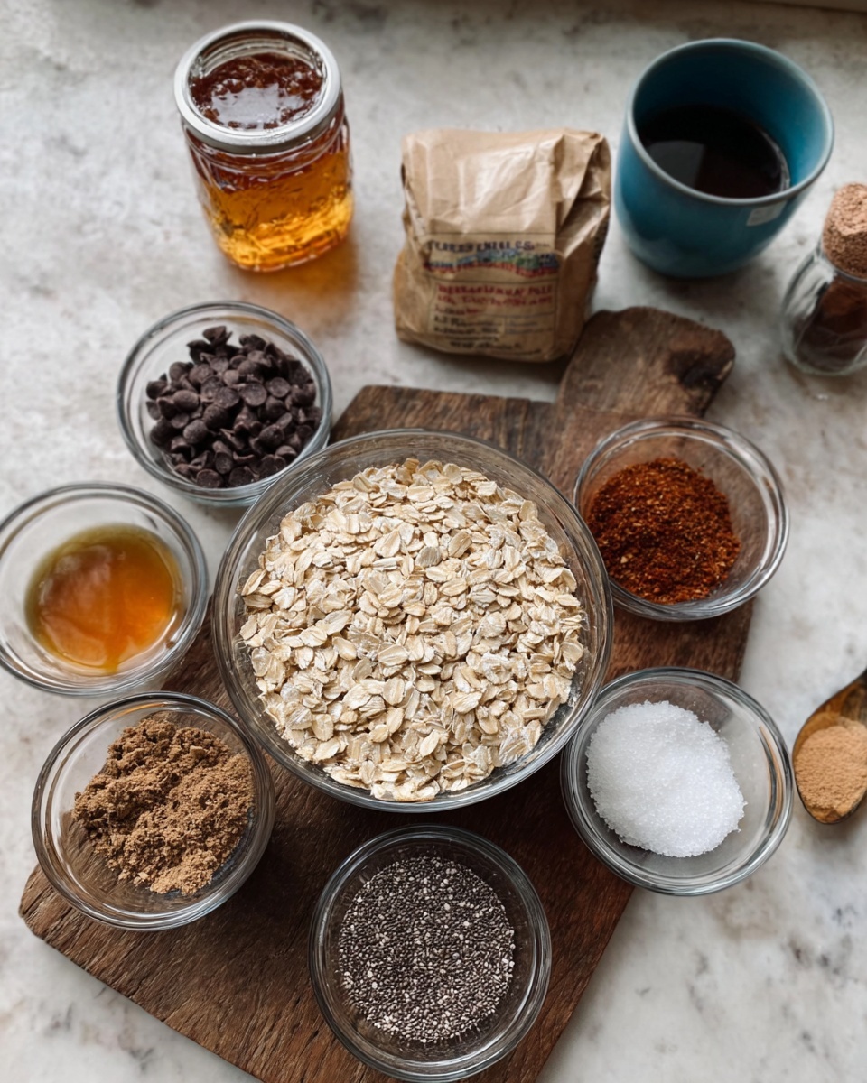 The image shows a clear glass bowl in the center filled with light beige rolled oats. Surrounding the bowl are smaller clear glass containers holding various ingredients: dark brown chocolate chips, black chia seeds, white coarse salt, white shredded coconut, reddish-brown cinnamon powder, and a spoon with solid white coconut oil. Behind these ingredients is a clear jar of amber honey, a light-colored bag of brown sugar, and a small blue cup with a dark liquid. The items rest on a rustic wooden table, placed on a white marbled surface, with a woman's hand partially visible reaching from the right side. Photo taken with an iphone --ar 4:5 --v 7