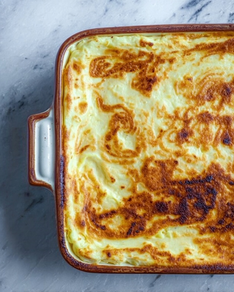A close-up of a baked dish in a rectangular white ceramic baking dish with handles on both sides, filled with a golden-brown, slightly browned top layer that looks creamy and fluffy with some darker toasted spots. The surface has an uneven texture showing swirls and slight peaks from baking. The dish rests on a white marbled surface. photo taken with an iphone --ar 4:5 --v 7